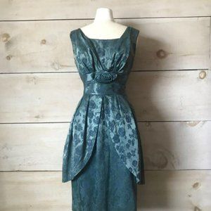 Teal Floral Brocade Peplum Dress, XS, 1950's, Peplum, Metal Zipper, Vintage